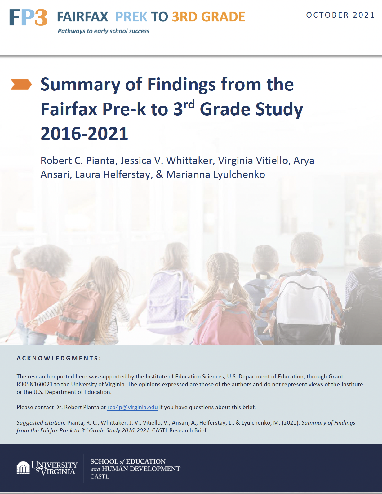 Research Brief Cover for Fairfax Pre-k to 3rd Grade Study 2016-2021 - Findings Summary